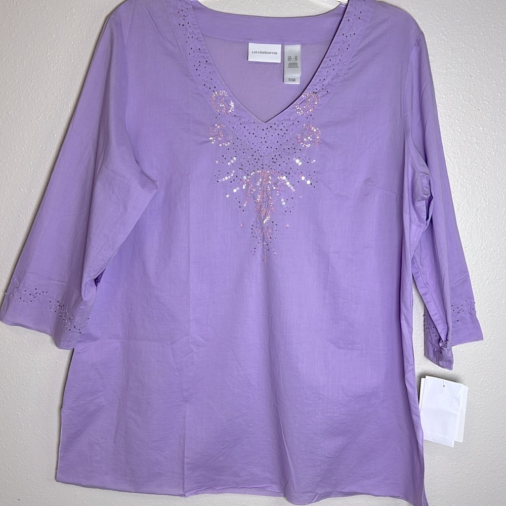 LizClaiborne Tunic Top Women XL NEW 3/4Sleeve Beads Sequins Fairycore‎ Boho Read